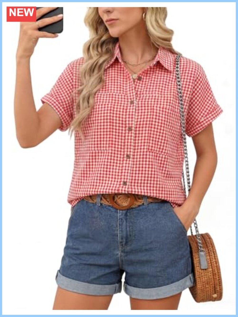 Women's Gingham Short Sleeve Button Down Shirt with Pockets